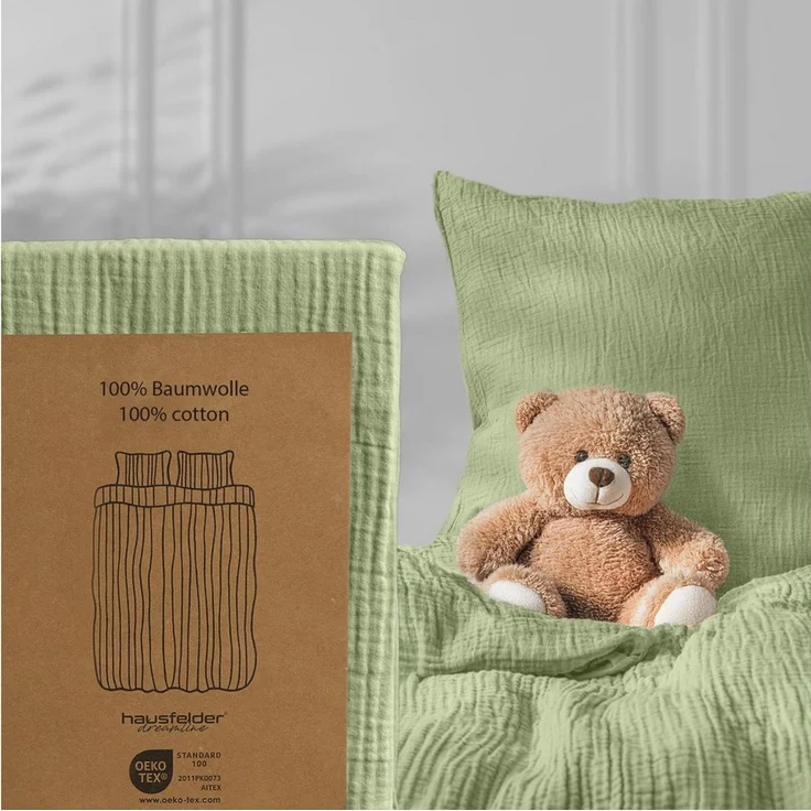 Hausfelder Bettwäsche Kinderbettwäsche Set Bettbezug 100x135 cm + 40x60 cm Kissen Grün (Grün), 2 teilig, Crinkle-Effekt, atmungsaktiv, temperaturausgleichend – Bild 5