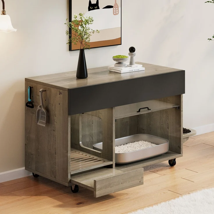 Bewegbarer Katzenkloschrank (Katzentoilettenschrank) – mit Katzenfuttertellern, Sandauffangschale, Lochplatte mit Hakenlöchern, ohne Katzenklo, 100×45,5×67 cm (antikgrau-braune Farbe, Eichenholzfarbe) – Bild 8