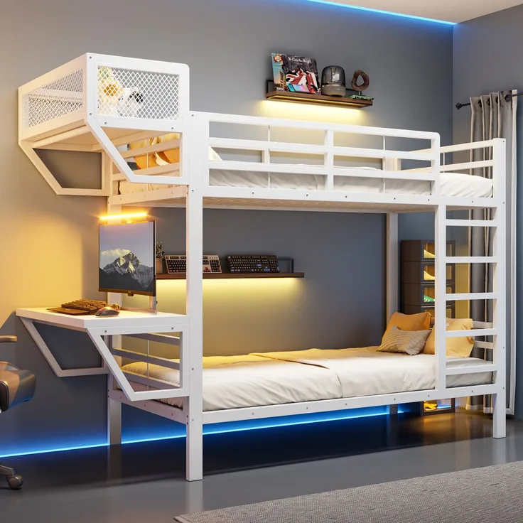 ZUBALIYA Metall-Etagenbett (90 x 200 cm) mit Schreibtisch und Ablagefächern, Lattenrost, platzsparendes Hochbett für Kinder, Jugendliche und Erwachsene, Weiß