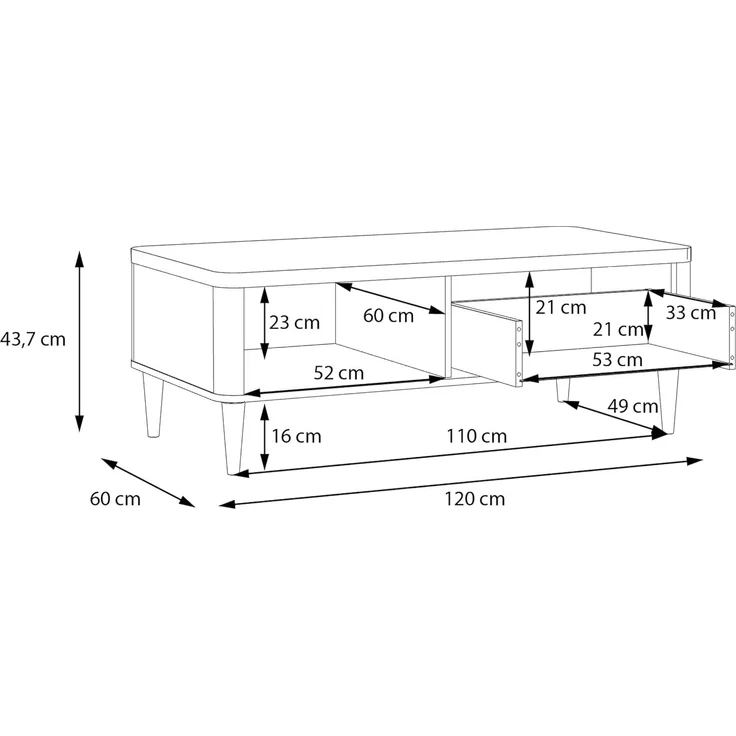 Forte LACETTI Couchtisch 120, moderner Sofatisch mit Skandi Lamellen Design, 1 Schublade, Kaschmir | Beige mit Valencia Eiche Holzdekor, 120 cm breit x 43,7 cm hoch x 60 cm tief – Bild 7