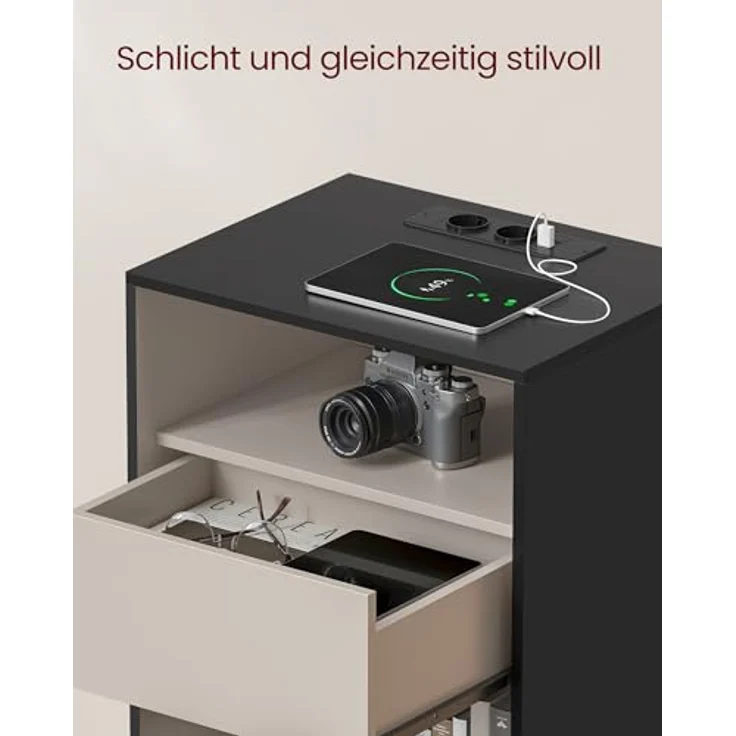 VASAGLE Nachttisch 2er Set, superschnelle werkzeuglose Montage, Toolless-Technologie, Beistelltisch mit Ladefunktion, Nachtschrank mit Schublade, Schlafzimmer, tintenschwarz-cappuccinobeige – Bild 7
