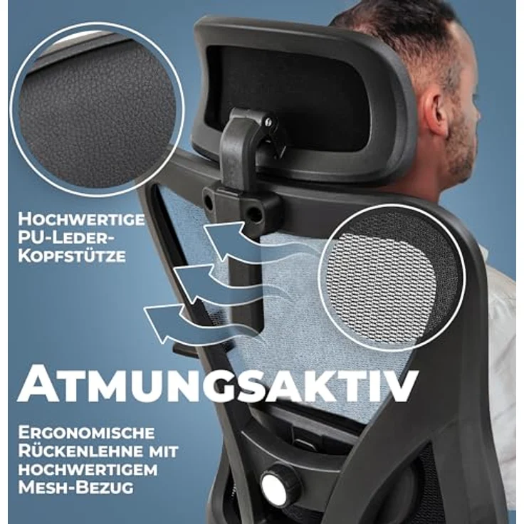 Clouvou CleverSeat Drehstuhl, Schwarzer Textilstuhl mit ergonomischer Form, 70x134x70 cm – Bild 4