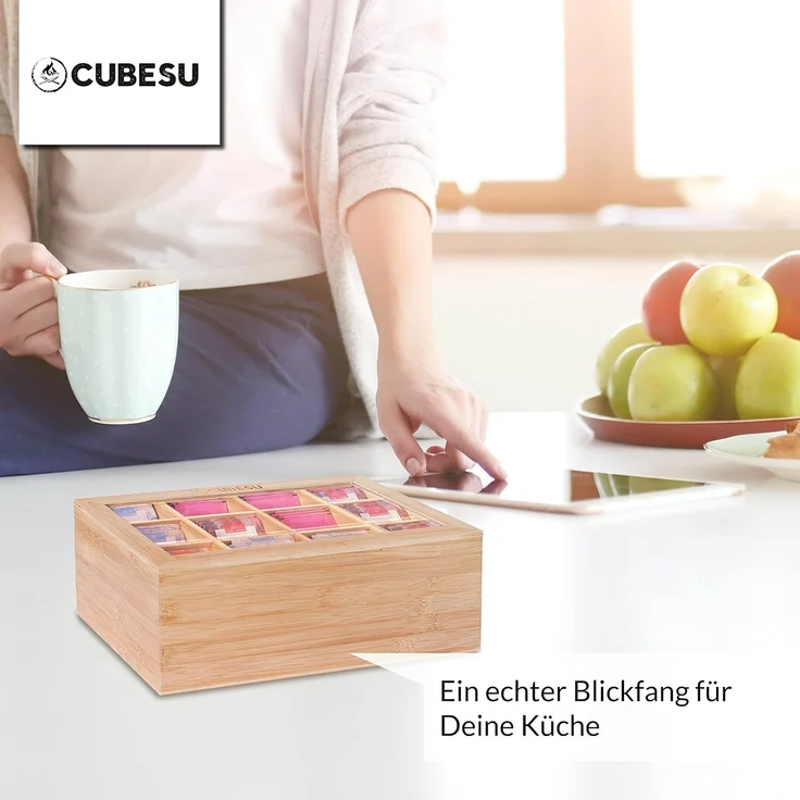 Cubesu Teebox Premium Holz Teebeutelbox Teekiste Teebeutel Box, Bambus, 12 Fächer mit Sichtfenster & Schublade – Bild 6