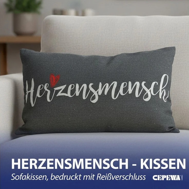 CEPEWA Dekokissen Kissen Herzensmensch 40x25cm grau Baumwolle PES 180g Reißverschluss – Bild 3