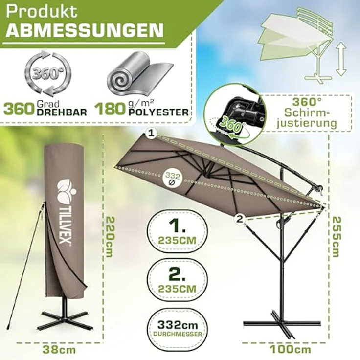 tillvex Sonnenschirm tillvex® eckig 235 x 235 cm Ampelschirm, Kurbelschirm mit 360° Drehung, wasserdicht, UV-Schutz bis UPF 50+, Aluminium, inkl. Abdeckung und Windschutz – Bild 2
