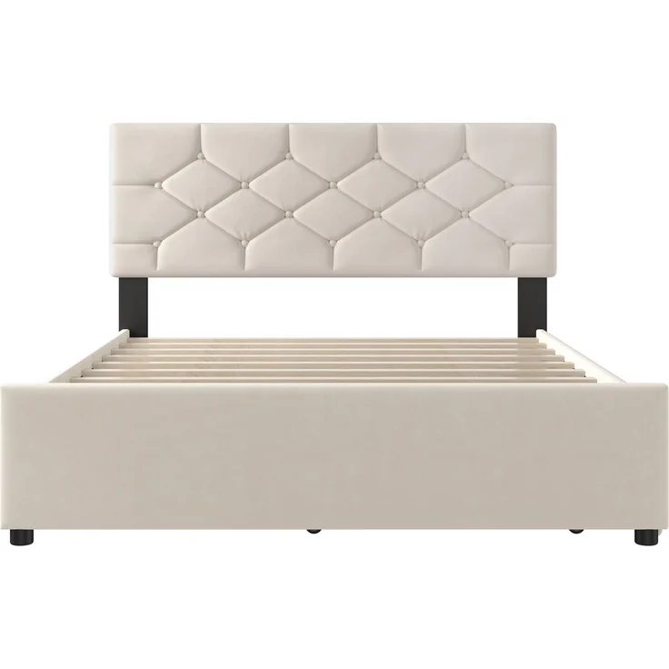 Polsterbett mit Ausziehbett, Samt & MDF, 140x200 cm, Beige, ohne Matratze – Bild 10