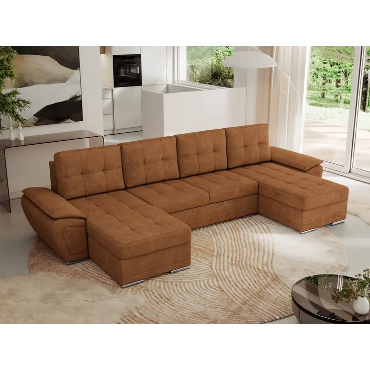 U-förmiges Ecksofa mit Schlaffunktion, genähter Sitz, zwei Armlehnen und losen Kissen - UMBRIA U - Orange Stoff
