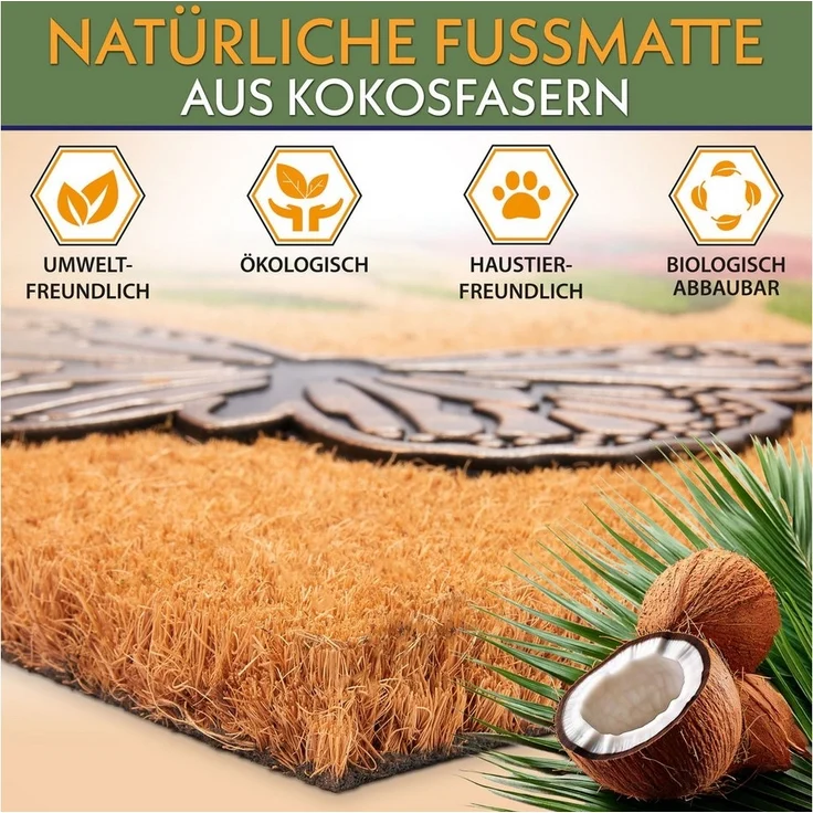 BRUBAKER Fußmatte Blumen und Pflanzen - 45 x 75 cm Schmutzfangmatte - Kokos Fußabtreter, Rechteckig, Höhe: 16 mm, Antirutsch Türmatte für Außen und Innen - Wetterfest und Rutschfest – Bild 3
