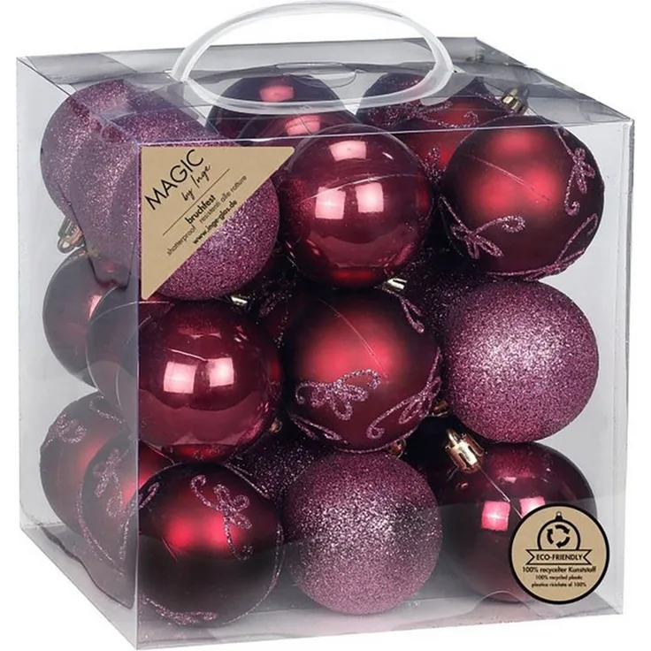 Holly & Jolly Weihnachtsbaumkugel, Weihnachtskugeln Kunststoff 6cm mit Glitzer 27er Set - Bordeaux Red