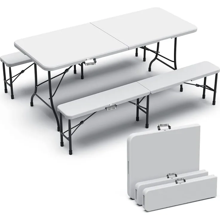 VOUNOT Bierzeltgarnitur Klappbar 3-teilig Set, 1 Biertisch & 2 Bierbänke, Festzeltgarnitur 180 x 75 x 72 cm Gartengarnitur Campingset Klapptisch, Weiß