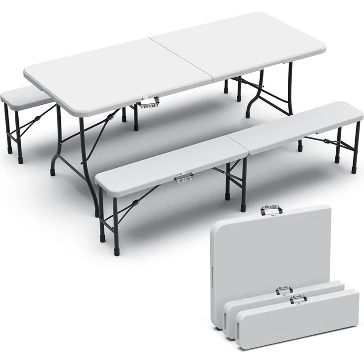 VOUNOT Bierzeltgarnitur Klappbar 3-teilig Set, 1 Biertisch & 2 Bierbänke, Festzeltgarnitur 180 x 75 x 72 cm Gartengarnitur Campingset Klapptisch, Weiß – Bild 1