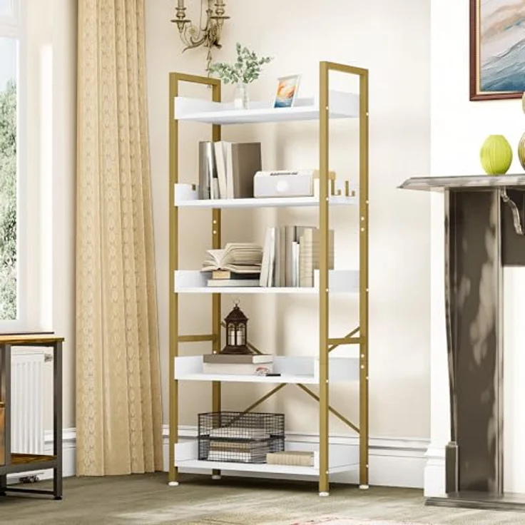 YITAHOME Bücherregal 5 Etagen, Stehend Offen Bücherregal, Metal Schmal Hoch mit 4 Haken Industrielles Lagerregal für Wohnzimmer, Heimbüro, Golden – Bild 8