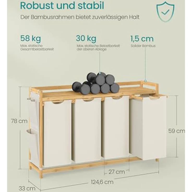 SONGMICS Wäschekorb 4 Fächer, Bambus, Wäschesammler 200 L, Wäschesortierer, mit Ablage, Wäschesack, kleine seitliche Taschen, Wäscheregal, 4 x 50 L, 124,6 x 33 x 78 cm, cremeweiß RLHDE120W01 – Bild 5