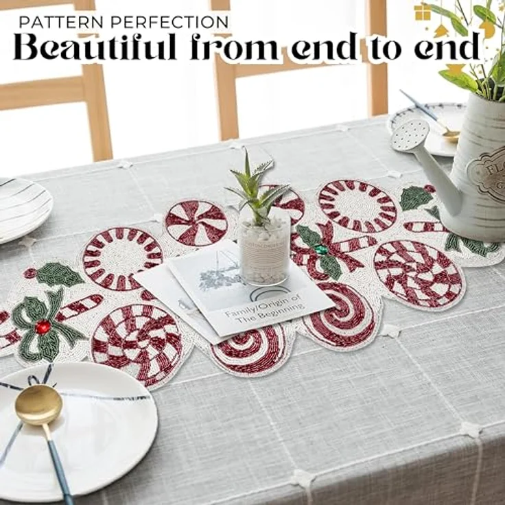 Alpha Living Home Weihnachtstischläufer 33x91,4 cm Candy Perlen Tischläufer Tischmatten für Küchentisch Home Decor Matte für Ernte, Hochzeit, Party Dekoration Rot/Grün/Weiß – Bild 7