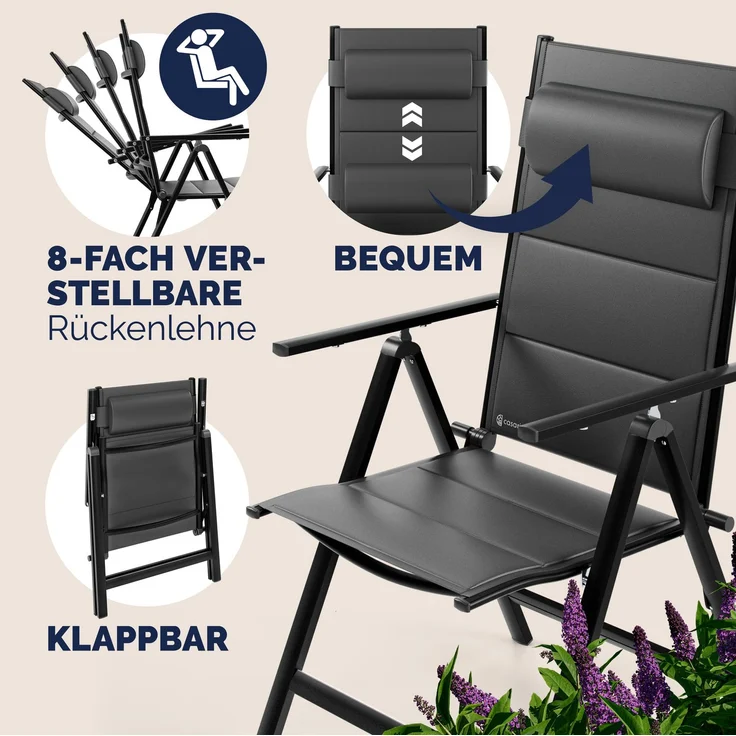 CASARIA® Gartenstühle 2er Set Klappbar Gepolstert Alu 8- Fach Verstellbar – Bild 3