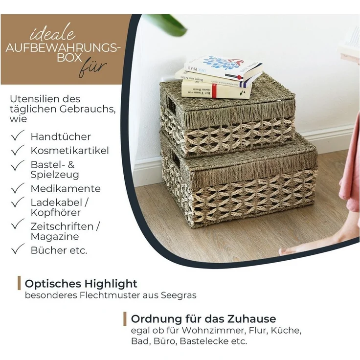 HMF Aufbewahrungskorb HMF Aufbewahrungskorb mit Deckel, 3er-Set, Korb (3 St), geflochten aus Seegras und Palmblättern, Klein, Mittel, Groß – Bild 2