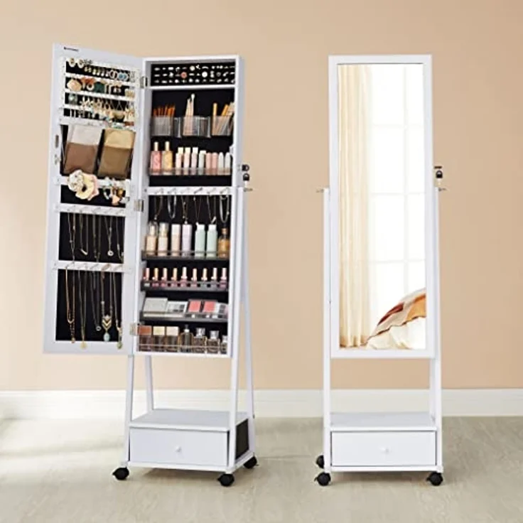 Songmics Schmuckschrank, Ganzkörperspiegel, Spiegelschrank, abschließbarer Schmuckorganizer mit Schublade, Rollen, 41,5 x 37 x 152,5 cm, Weiß – Bild 3