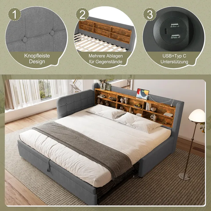 Stauraumbett mit Lattenrost, Regal, USB und Type-C Anschluss, 90x200cm/180x200cm, Liegefläche erweiterbar, Einzelbett, Polsterbett, Leinen – Bild 5