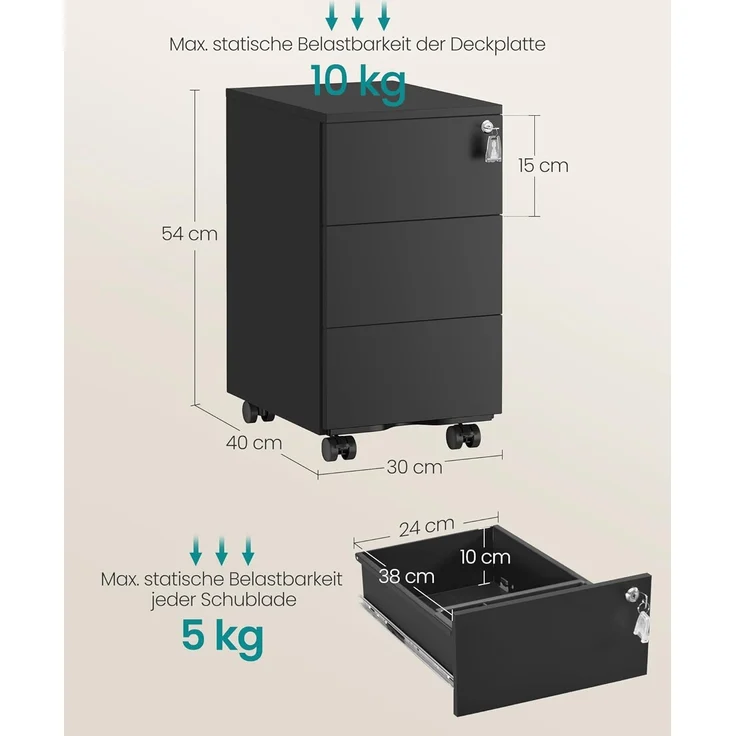 SONGMICS Schubladenschrank, Rollcontainer, mobiler Aktenschrank, Metallschrank, Druckertisch, abschließbar, 3 Schubladen, vormontiert, Büro, Homeoffice, 40 x 30 x 54 cm, Mattschwarz OFC079B01 – Bild 3