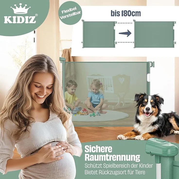KIDIZ® Treppen- und Türschutzgitter, ausziehbar bis 140/180cm, kindersicheres Treppengitter für Babys, Haustiere, Treppen & Türen, inkl. Bodenanker & Montagezubehör, Dunkelgrün, 180 x 86 cm – Bild 3