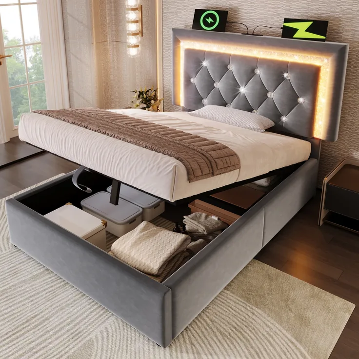Polsterbett Einzelbett, mit LED-Diamantband im Kopfteil USB Type-C Ladestation hydraulischem Bettkasten Stauraum modernes Jugendbett Lattenrost ohne Matratze, Samt, Grau, 90 x 200 cm