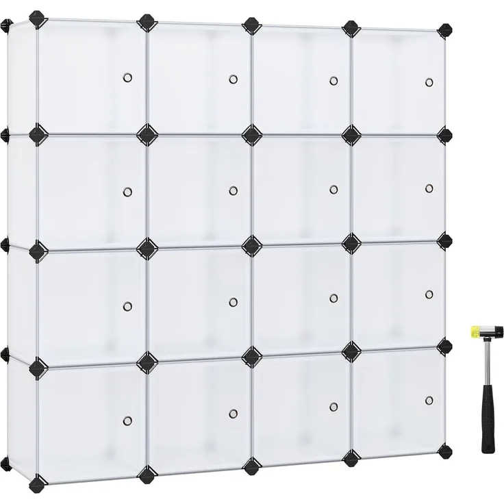 Songmics Regalsystem, Schuhregal, Set aus 16 Würfeln, Kleiderschrank aus Kunststoff, mit Türen, Steckregal, Aufbewahrung von Kleidung, Schuhen und Büchern, einfache Montage, weiß LPC44BS