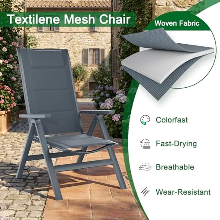 JUMMICO 2er Set Aluminium Gartenstuhl Hochlehner 5-Fach Verstellbarer Rückenlehne,Gartenstühle Atmungsaktiv Wetterfest Klappbar Anti-Rutsch für Terrasse und Garten Belastbar 150 KG Grau – Bild 4