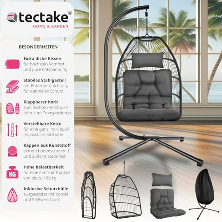 tectake Hängesessel Ariane, Dunkelgrau, Textil, robustes Stahlgestell, belastbar bis 160 kg, mit Schutzhülle, 98x202x107 cm – Bild 3
