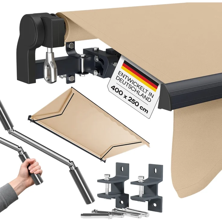 STEELSØN 'Kestria' Gelenkarmmarkise 400x250 cm, beige, wetterfest und blickdicht, Markise mit Aluminium-Kassette und Wandhalterung, Balkonmarkise mit Handkurbel – Bild 1