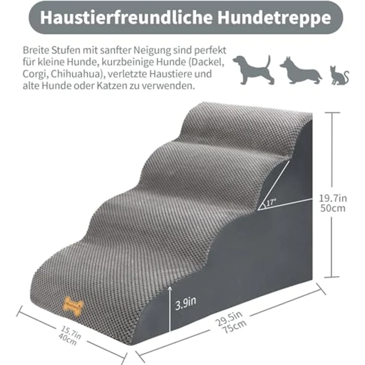 Nepfaivy Hundetreppe für Kleine Hunde 4-Stufig, Haustiertreppe für Bett und Sofa aus Hochdichtem Schwamm, Hunde Treppe Hunderampe mit Abnehmbarem, Waschbarem Bezug und Rutschfestem Boden, 75 x 50 x 40 cm – Bild 3