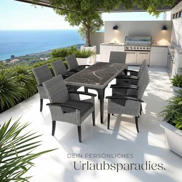 tectake Gartentisch Foggia, großer Rattantisch, grau, rechteckig, 196x87x76 cm, mit marmorierten Feinsteinzeugplatten und robustem Geflecht – Bild 8