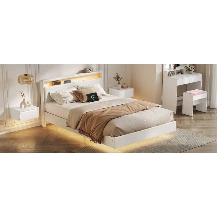 VASAGLE Bettgestell, Doppelbettgestell, 147 x 213 cm, schwebender visueller Effekt, Bett mit LED-Beleuchtung, hohem Kopfteil, Ladestation, modern, wolkenweiß – Bild 1