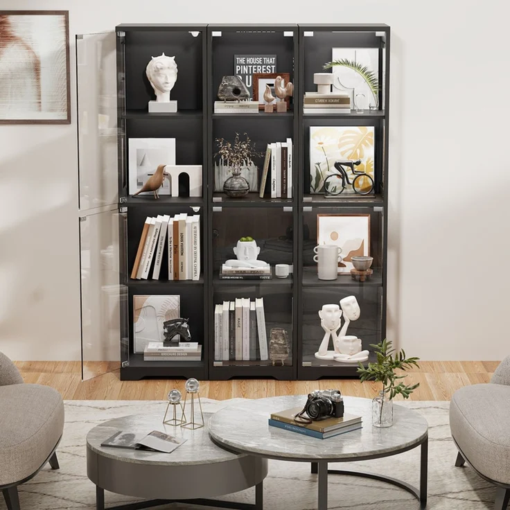 Glasvitrine 4-stöckig, Ausstellungsschrank mit Glastür, LED-Beleuchtung und Helligkeitsregelung, Schwarz – Bild 6