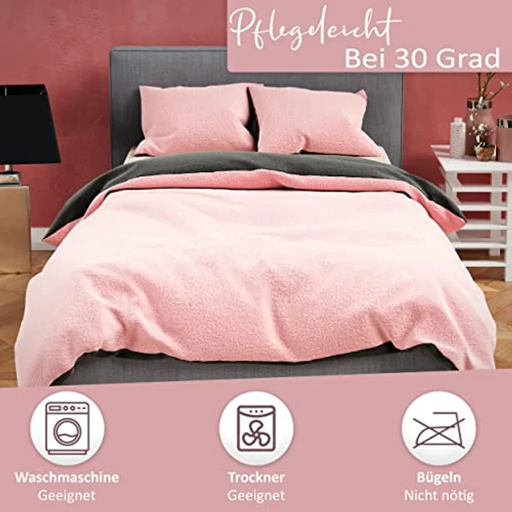 Moderne Plüschbettwäsche mit Reißverschluss - einfarbig, wendbar & warmhaltend Rosa 200x220cm + 2x 80x80cm Kissenbezug – Bild 5