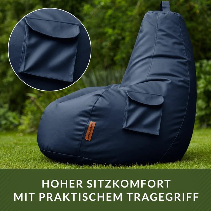 Green Bean® Sitzsack aus Kunstleder mit EPS Perlen Füllung - 90 x 80 x 70 cm - Bean Bag - Gaming Chair Rückenlehne - Dunkelblau – Bild 4