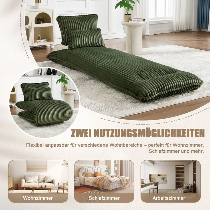 LVHOM Schlafsessel mit Bettfunktion, 227 cm Klappsessel Bodensessel mit Stahlrahmen, klappbarer Relaxsessel inkl. 2 Kissen, bis 150 kg belastbar, Cord Grün – Bild 5