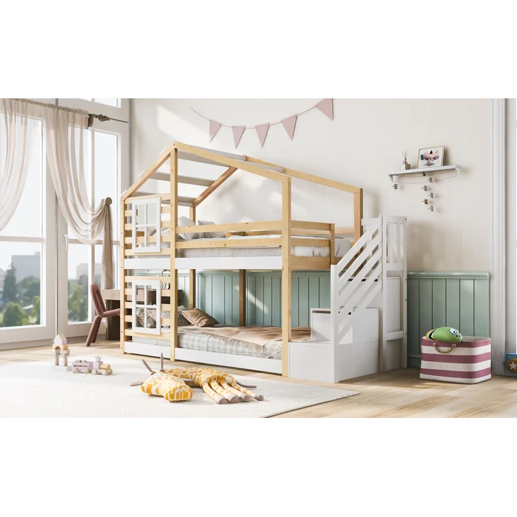 Kinder-Etagenbett Massivholz, Baumhaus-Design mit Schubladentreppe, 90x200 cm, Natur & Weiß, ohne Matratze – Bild 3