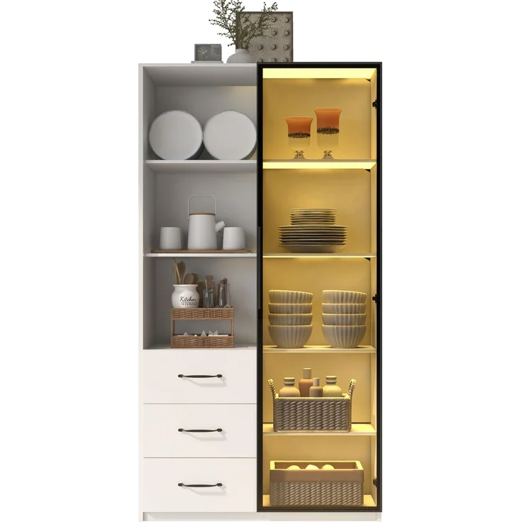 LED-Vitrine 80 x 40 x 160 cm - Bücherschrank mit Tür aus gehärtetem Glas und LED-Beleuchtung, 3 Schubladen und 3 offene Fächer, Aluminiumrahmen, mehrfarbige LEDs, Soft-Close-Scharniere, Küchenschränke--Weiß--91.01x46.99x19.99cm--YOUDENOVA – Bild 5