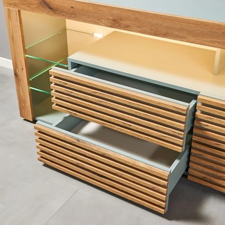 Goal 2 TV-Lowboard mit LED-Beleuchtung in Salbei, Evoke Eiche Optik - TV Schrank mit viel Stauraum für Ihr Wohnzimmer - 179 x 67 x 44 cm (B/H/T) – Bild 7