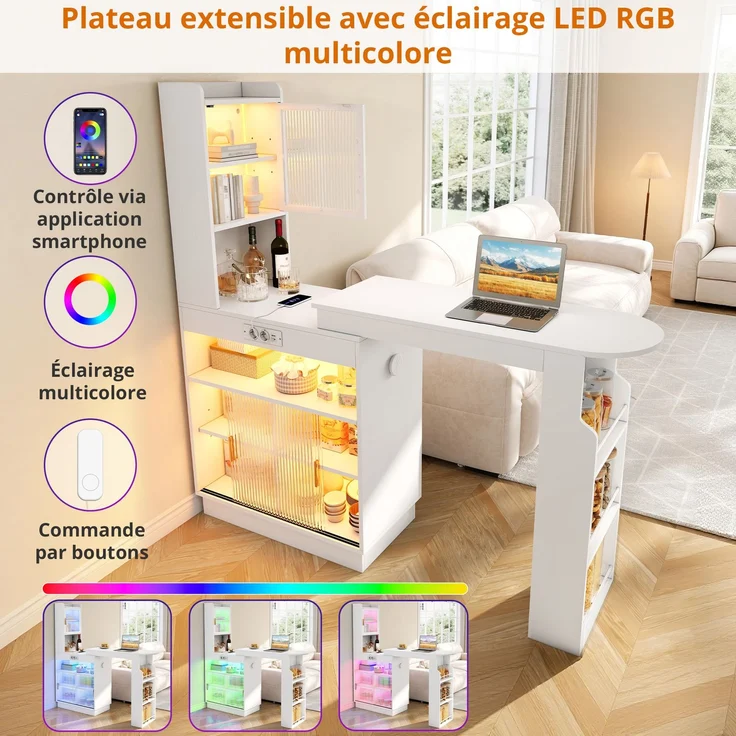 ZUBALIYA Küchenschrank mit Glastüren / Barschrank & Sideboard, mit ausziehbarer Bartisch & Stehtisch mit Stauraum und steckdose, Weiß, 131–170 x 40 x 170 cm, fürs Büro, mit LED, Samt – Bild 10