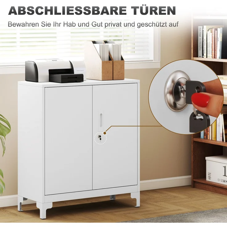 Büroschrank aus Metall, verschließbare Türen, Bürokommode, 2-stufiges Design, Weiß--Weiß--91x35x80cm--YOUDENOVA – Bild 7