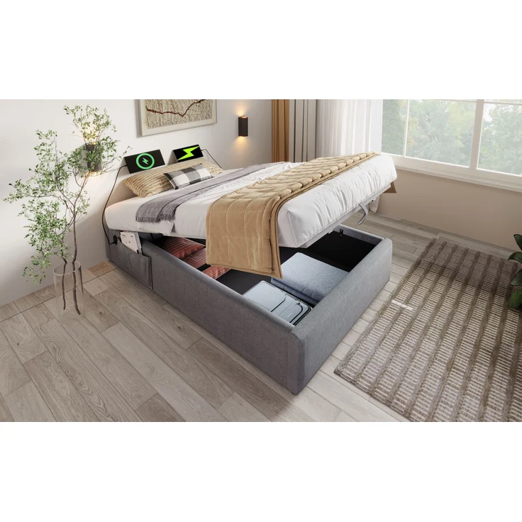 Polsterbett Bettgestell mit Stauraum & USB-Anschluss, 91x192x29 cm, Grau, ohne Matratze – Bild 3