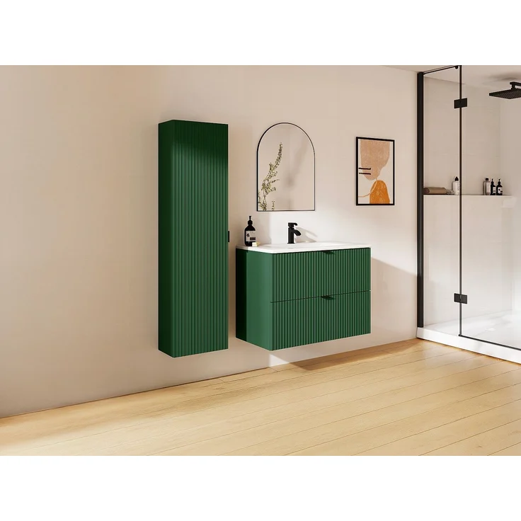 Vente-unique - Waschbeckenunterschrank hängend mit Einbauwaschbecken und Säule - Streifenoptik - Grün matt - 80 cm - ZEVINI – Bild 2