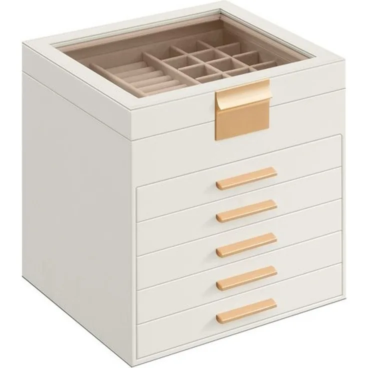 Songmics Schmuckkästchen, Schmuckkasten 6 Ebenen, Schmuckbox mit Glasdeckel, 5 Schubladen, Schmuckaufbewahrung, Stauraum, modern, Geschenkidee, 20,3 x 23,1 x 22,8 cm, wolkenweiß-golden JBCDE176W01