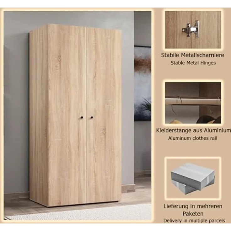 trendteam smart living - Basics - Kleiderschrank - Eiche - Garderobenschrank mit 2 Türen, 1 Hutablage und 1 Kleiderstange - (BxHxT) 81 x 176 x 51 cm - Moderner Stil – Bild 6