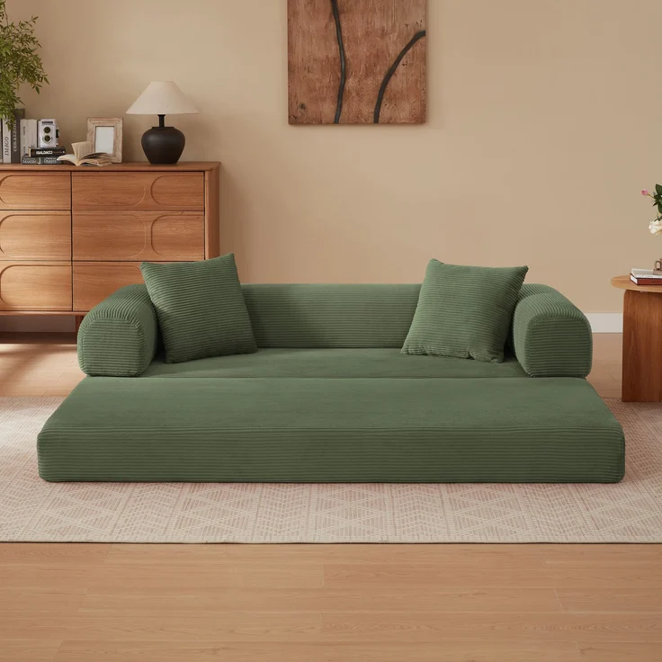 Schlafsofa Grün mit Veloursbezug, Kaltschaum und modularer Sitzfläche für flexibles Sitzen und Liegen,59 x 195 x 89 cm – Bild 4