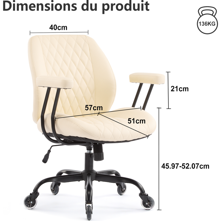 Bürostuhl aus Leder mit Federkern-Sitz & verstellbarer Neigung, 62x62x96 cm, Creme – Bild 3