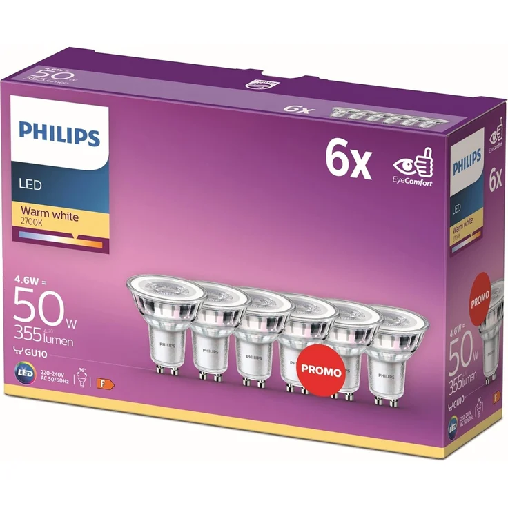 Philips LED Classic GU10 Lampen 6-er Pack (50 W), Reflektor LED Spots mit warmweißem Licht, energiesparende Lampen mit langer Nutzlebensdauer