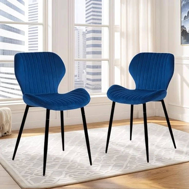CangLong Mid-Century-Moderne Esstühle im 2er-Set, Polsterküchenstühle für Esszimmer, Samt-Bequemstuhl mit Metallbeinen, für Küche, Essbereich, Wohnzimmer, Blau – Bild 2