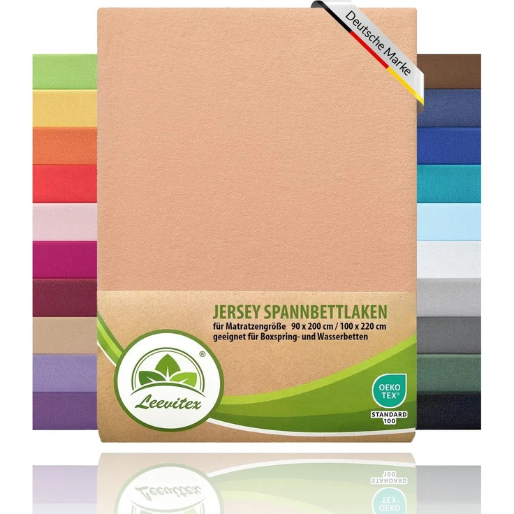 leevitex® Spannbettlaken, Premium 170g/m², Gummizug: rundum, schwer und dick, 100% Jersey-Baumwolle, Leinen / Aprikot, 140 x 200 - 160 x 220 cm – Bild 1